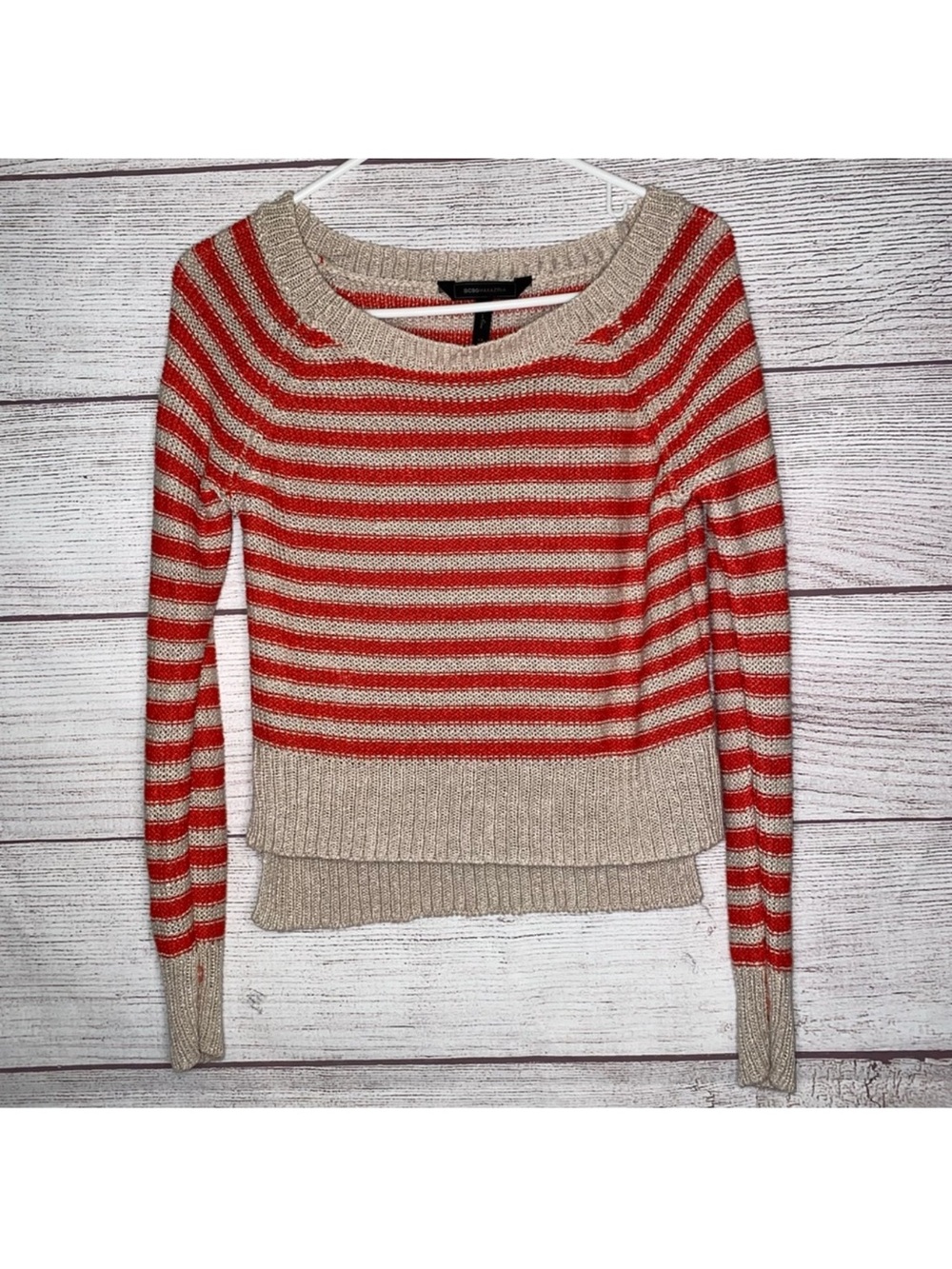 Bcbg maxazria Striped orange Red Beige off shoulder Knit Sweater XS